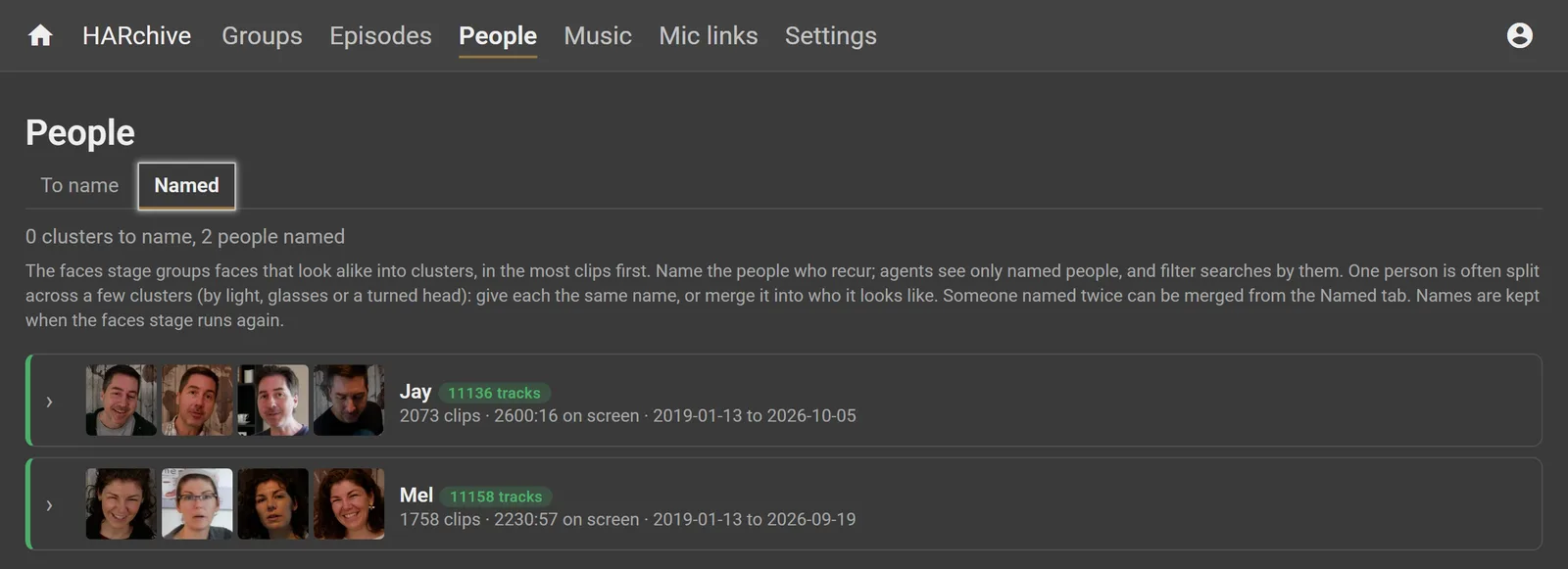The People page's Named tab: Mel and Jay, each with sample faces, clip counts and time on screen