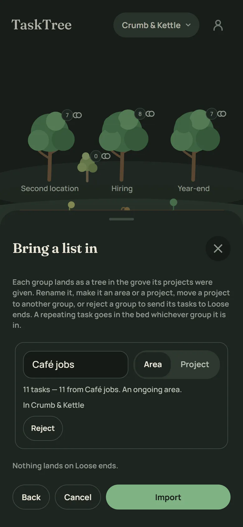 The Bring a list in sheet on a phone: a Todoist group named Café jobs, with 11 tasks, set as an ongoing area, with Reject, Back, Cancel and Import