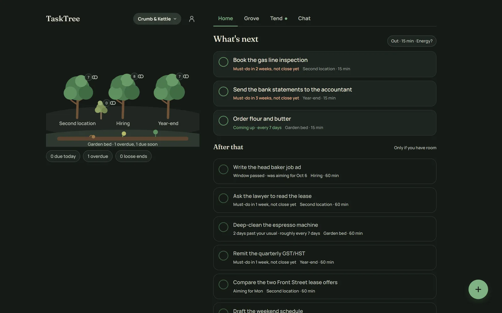 TaskTree's home screen on a desktop: the grove picture on the left, and What's next and After that on the right, each task with its reason