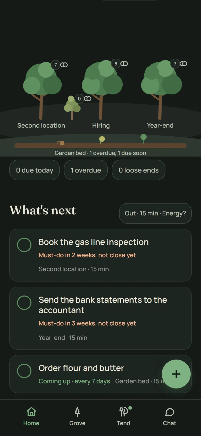 TaskTree's home screen on a phone: a grove of three trees named Second location, Hiring and Year-end over a garden bed, then What's next with three tasks, each with its reason