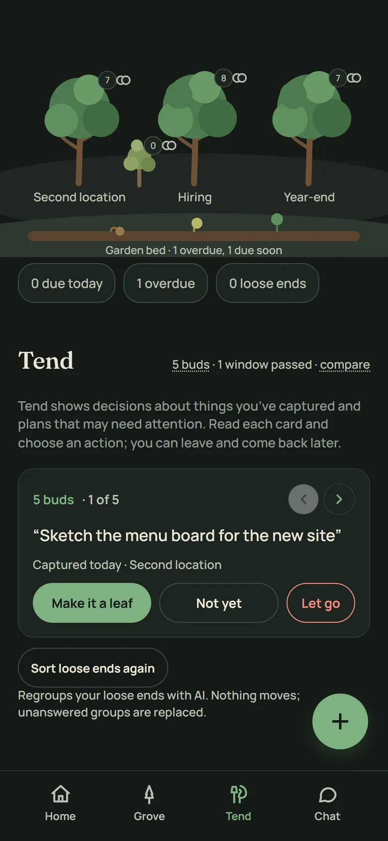 Tend on a phone: a card for a captured bud with Make it a leaf, Not yet and Let go