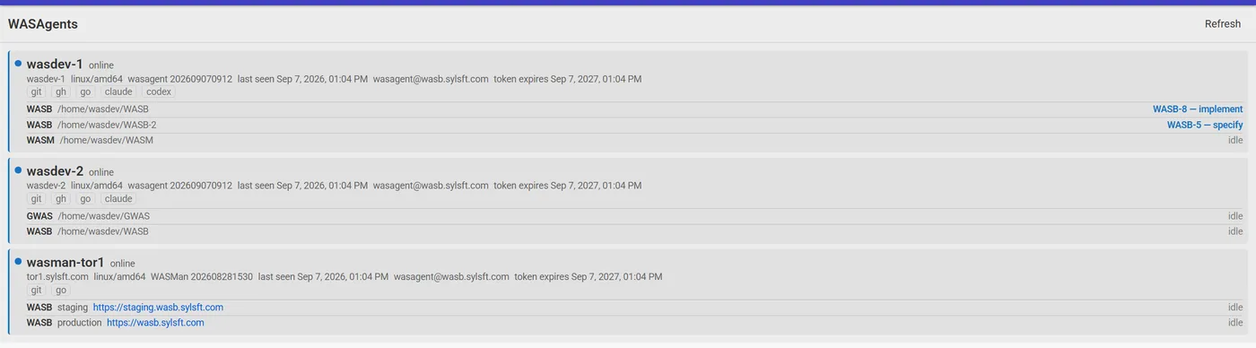 The WASAgents page listing two virtual developer hosts and a deploy manager, with each checkout's current work