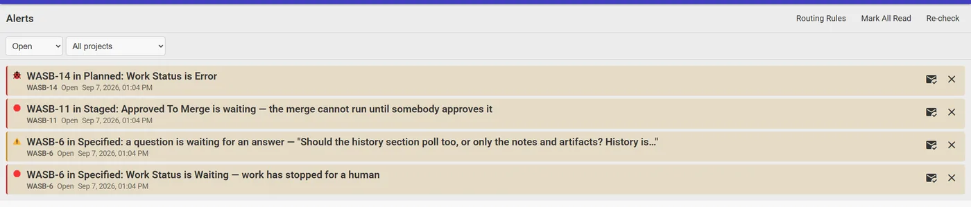 The WASBuilder alerts inbox listing an error, a merge waiting for approval, and an unanswered question