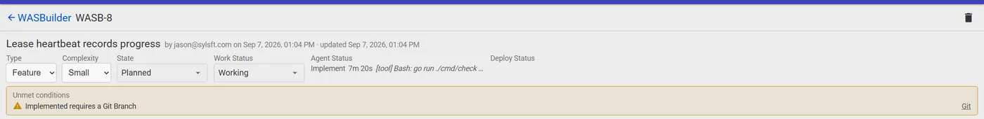 A ticket header showing the agent's current stage, elapsed time, and the last thing it said