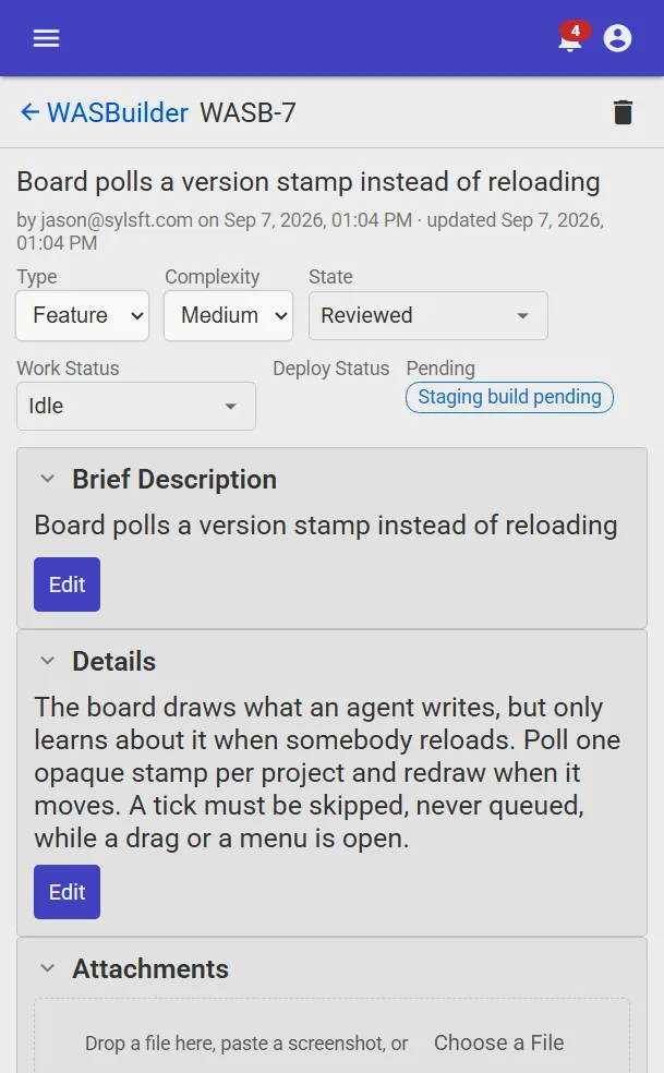 A WASBuilder ticket page on a phone