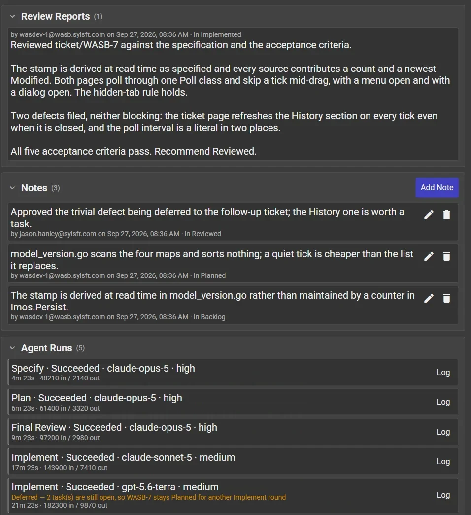 The review report, notes, and agent runs on a ticket, each run with its model, duration, and tokens