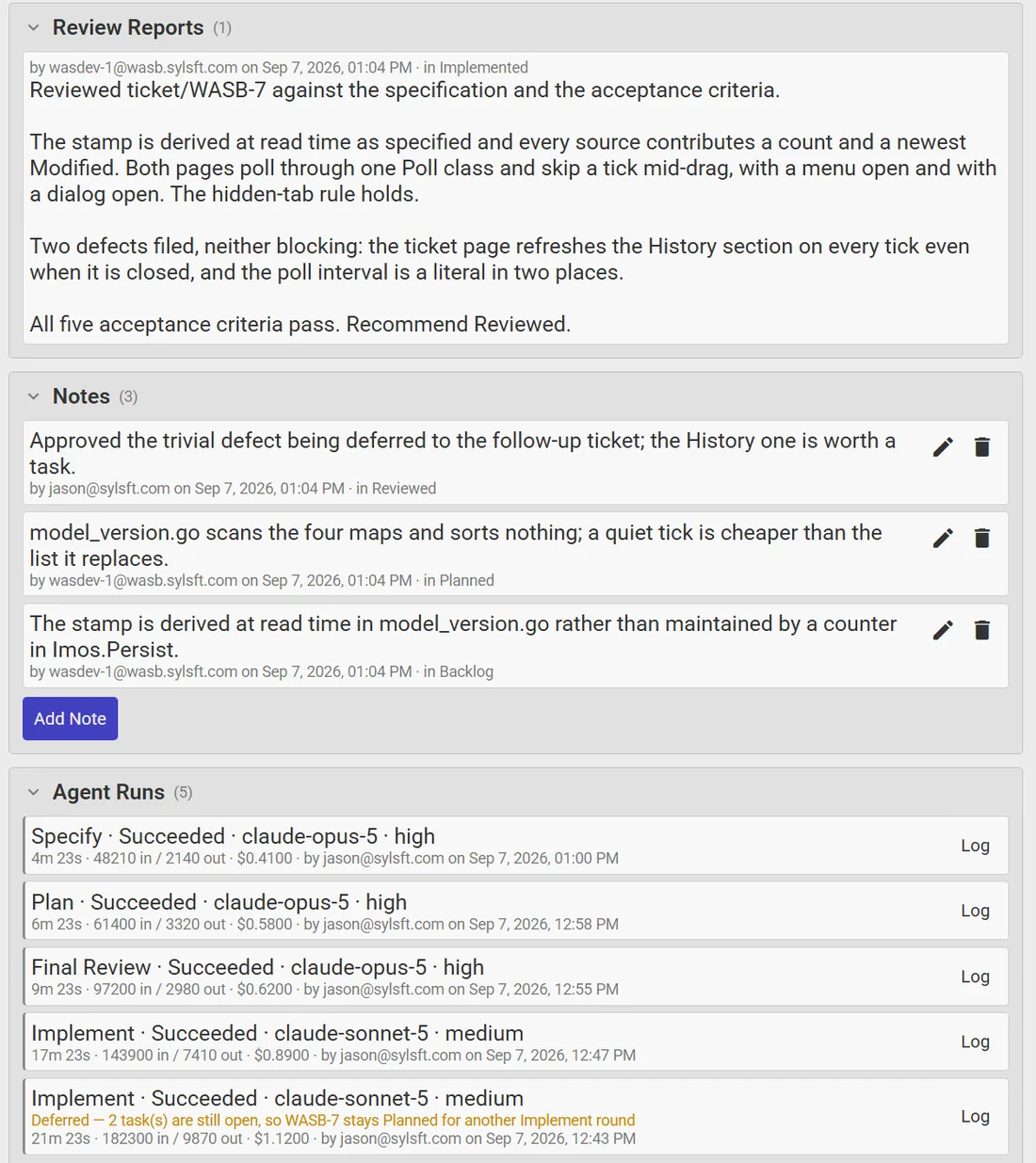 The review report, notes, and agent runs on a ticket, each run with its model, duration, tokens, and cost