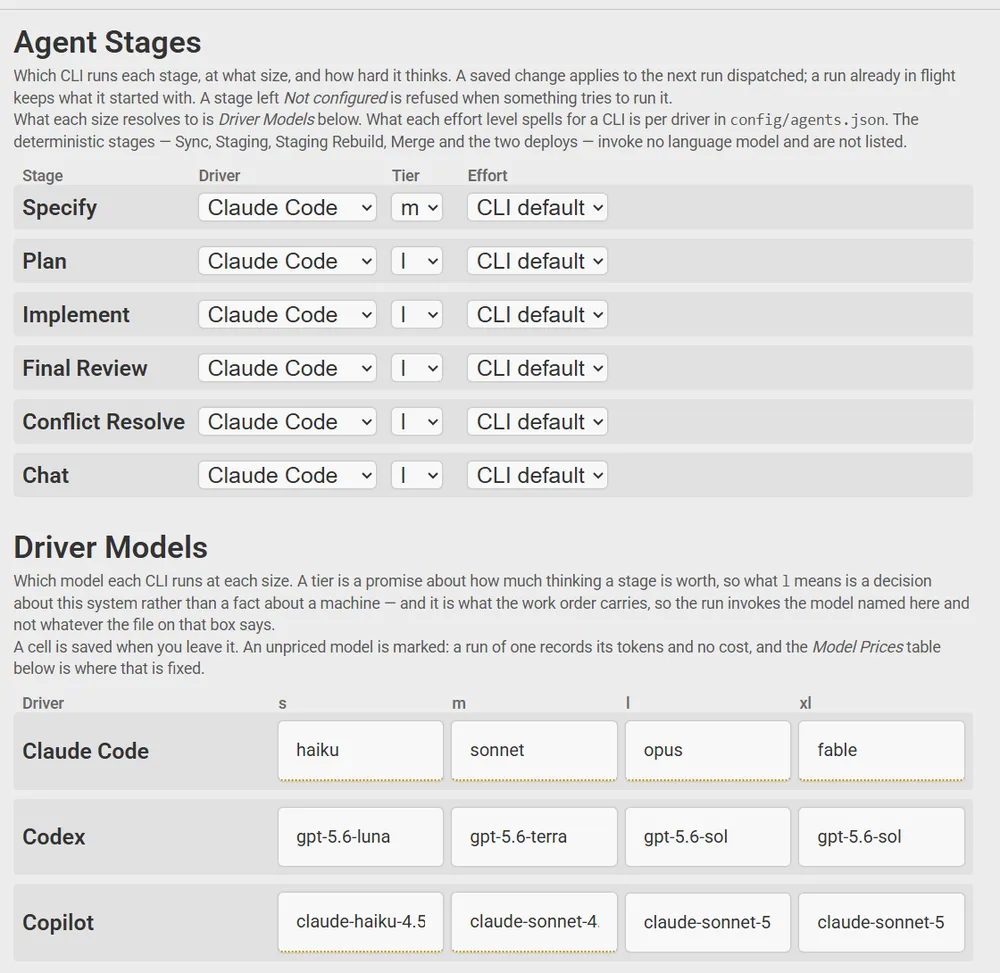 The Settings page: which CLI and model size runs each stage, and which model each size maps to per driver