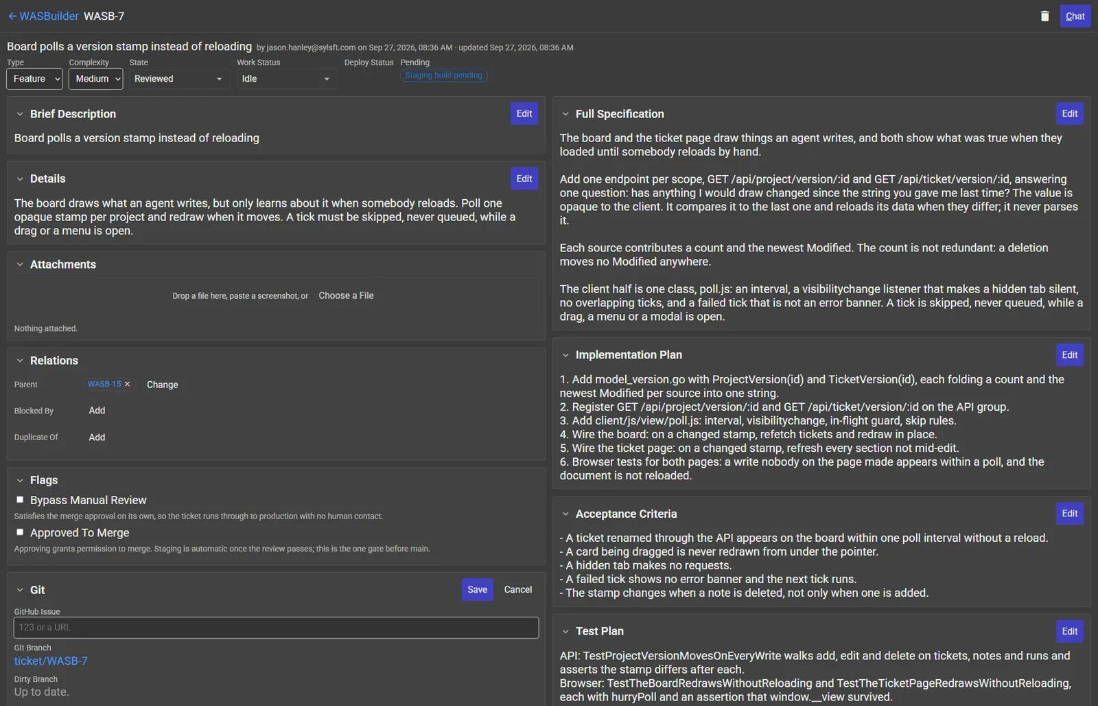 A WASBuilder ticket page showing the specification, plan, acceptance criteria, and test plan