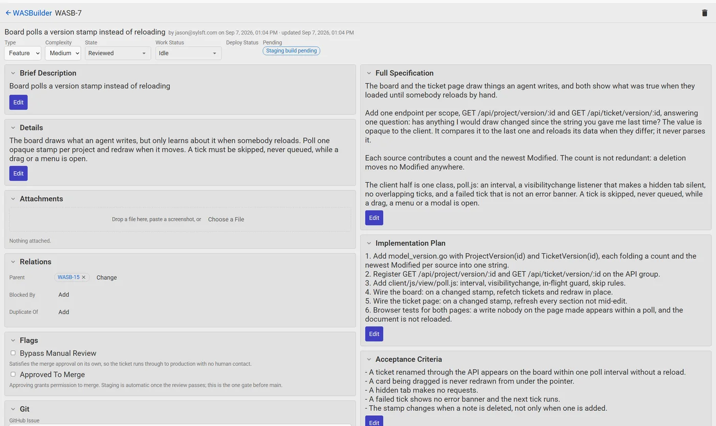 A WASBuilder ticket page showing the specification, plan, acceptance criteria, and test plan