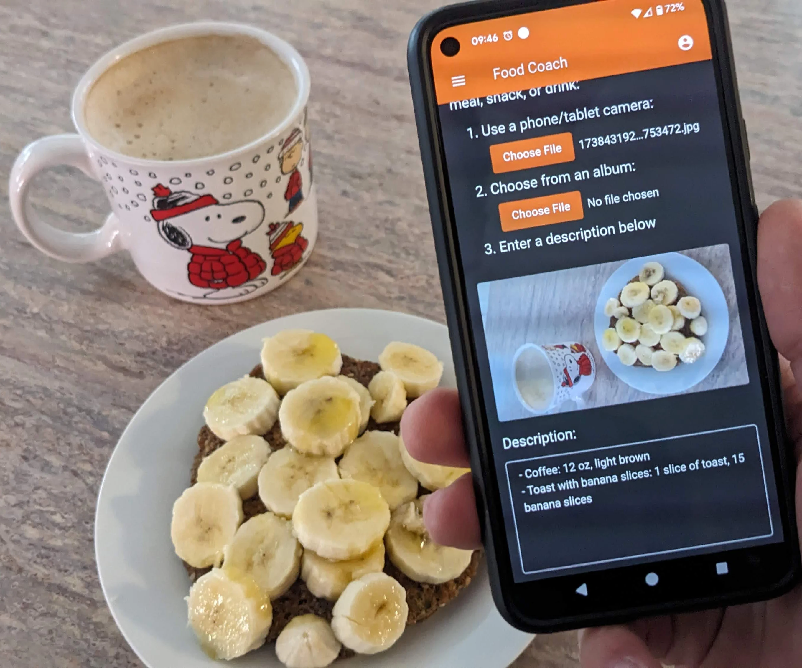 A phone running FoodCoach next to a coffee and toast with banana slices, listing the foods and portions it read from a photo of the meal