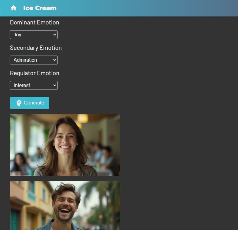 Ice Cream with Joy, Admiration and Interest chosen as the campaign emotions, above generated reference images