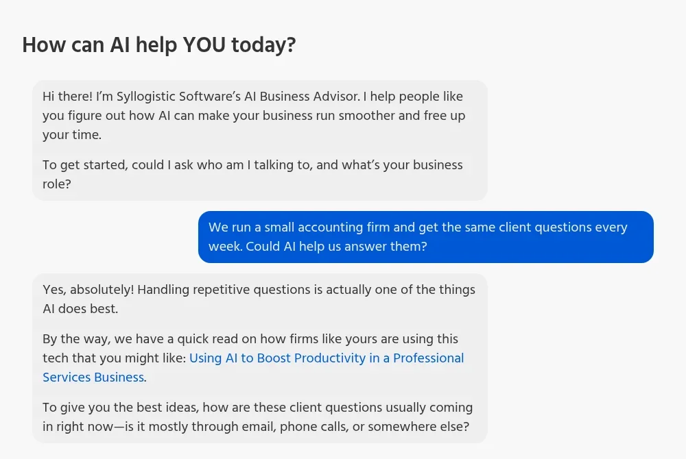 The AI Advisor chat answering a question from a small accounting firm about client questions, then asking how those questions usually arrive